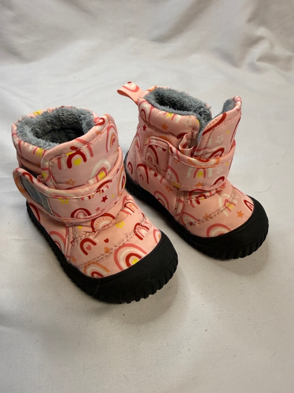 Kids Pink Rainbow Pattern Winter Boots with Fleece Lining